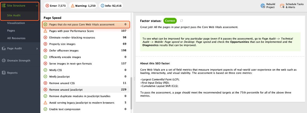 Core Web Vitals in WebSite Auditor
