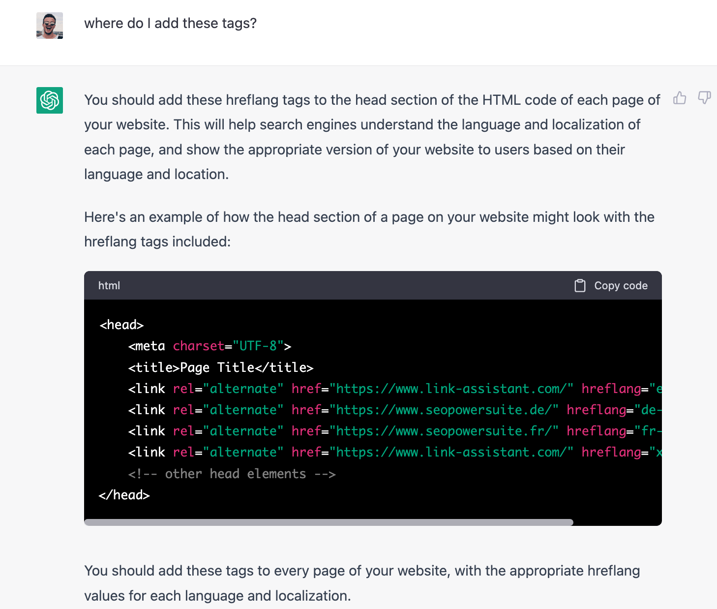 ChatGPT provides instructions where hreflang tags should be added