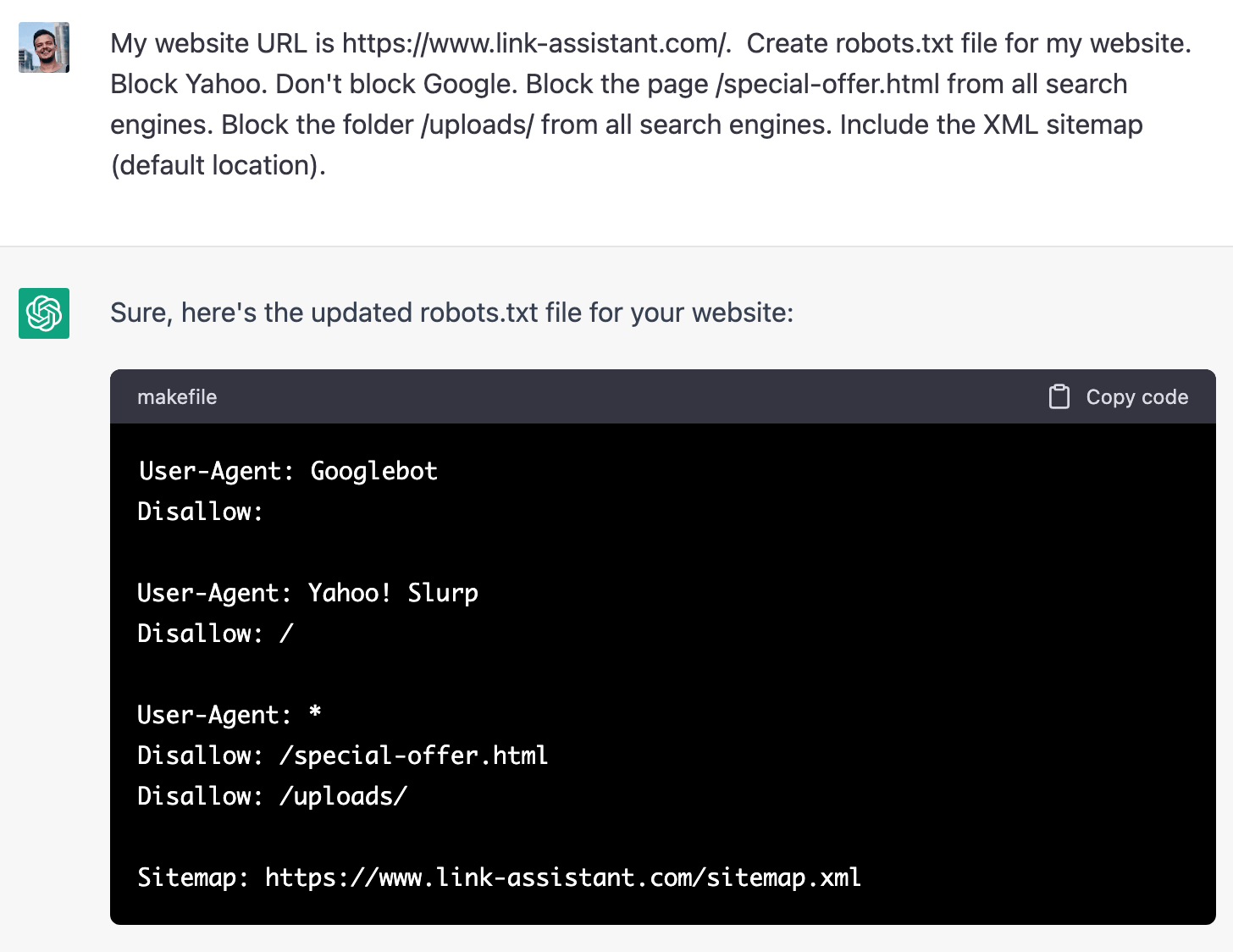 ChatGPT generates robots.txt rules