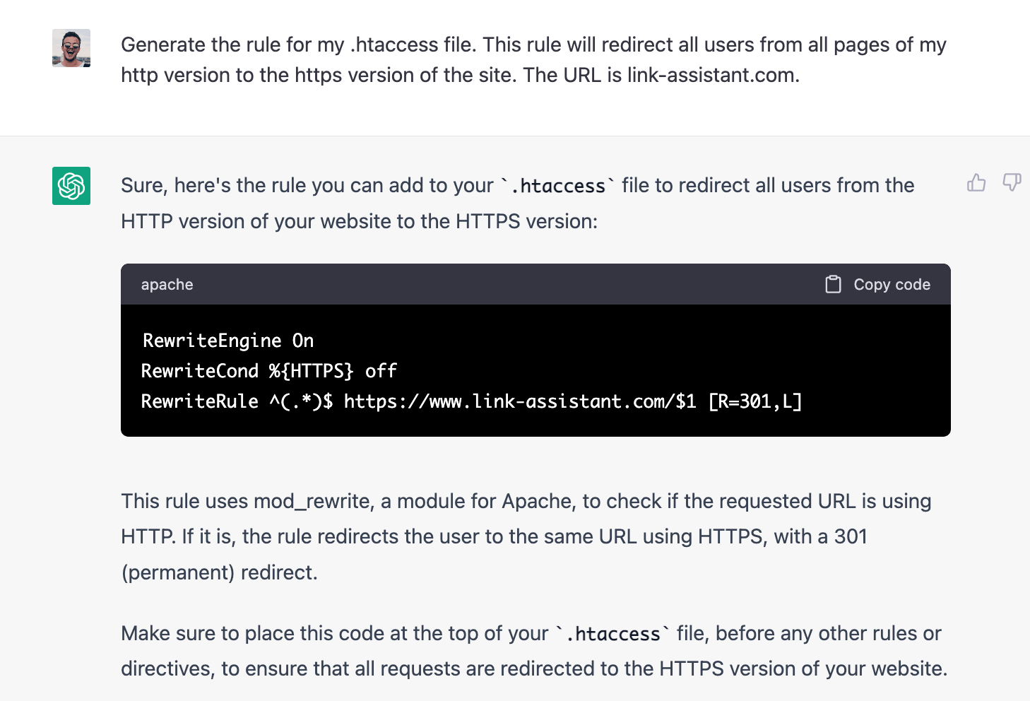ChatGPT generates redirect rules for the .htaccess file