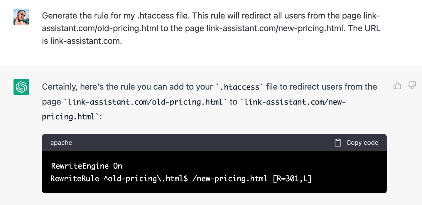 ChatGPT generates .htaccess rules 