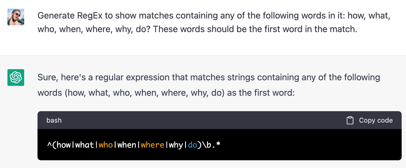 ChatGPT generates RegEx to find all keywords phrased as questions