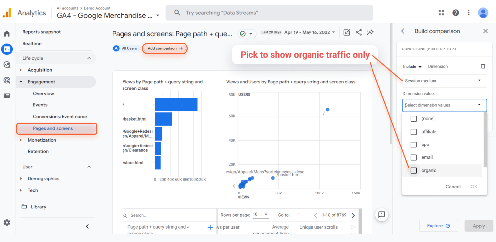 Create a comparison with a separate filter for organic landing pages