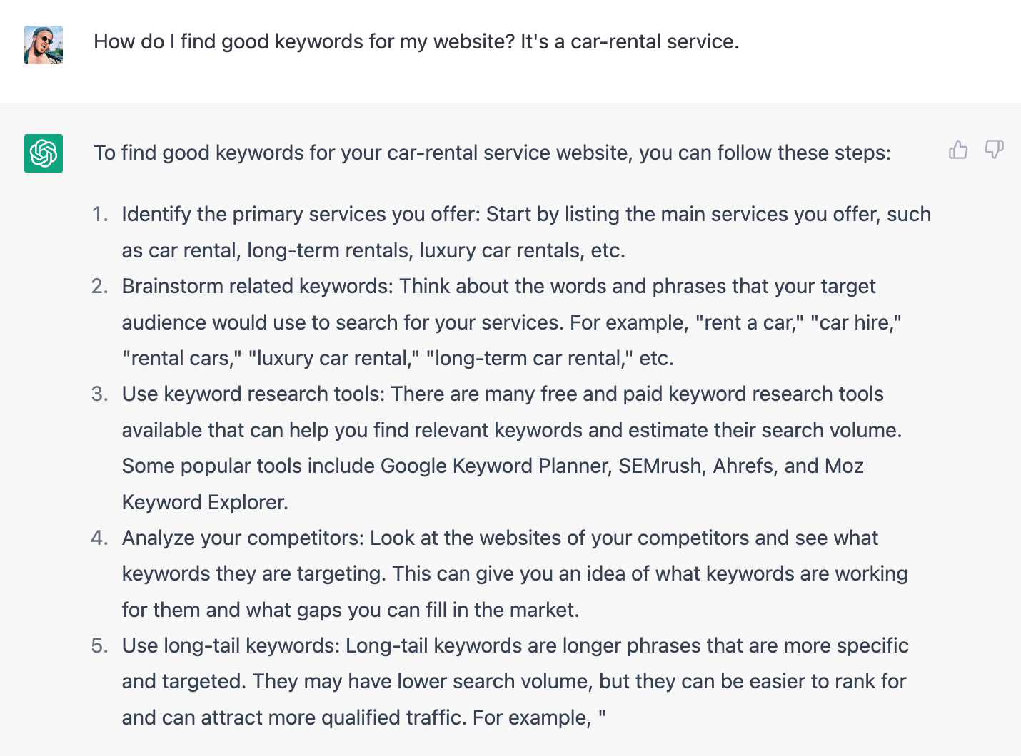 ChatGPT answers the question about keywords