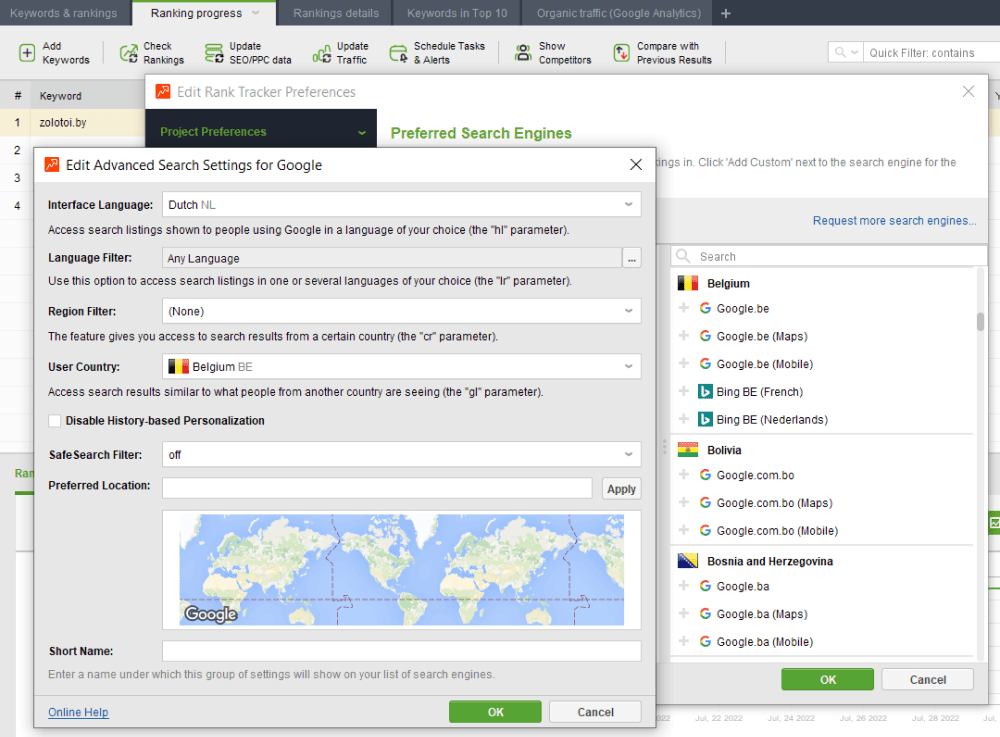 Set up a custom local search engine from the Project Preferences in Rank Tracker