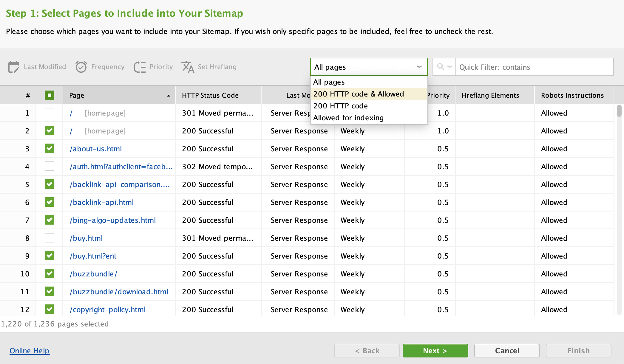 Select pages for sitemap