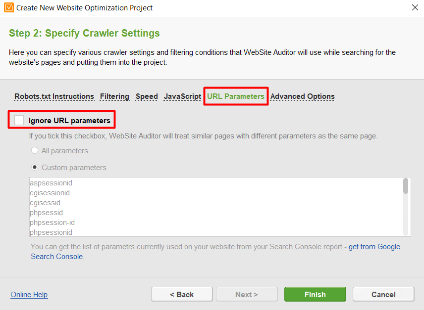 specifying URL parameters