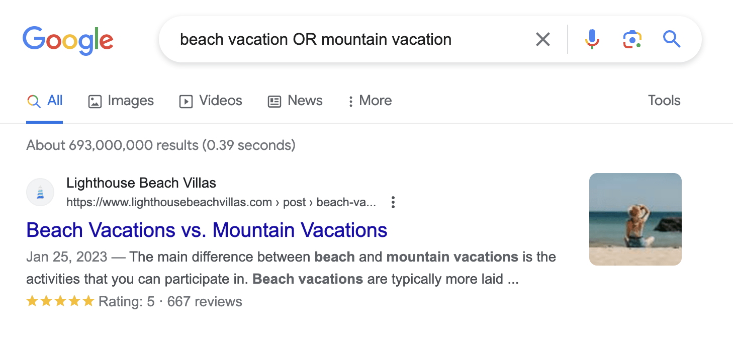 Google search operator: OR