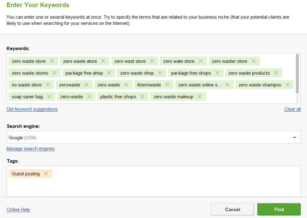 specify keywords and search engine