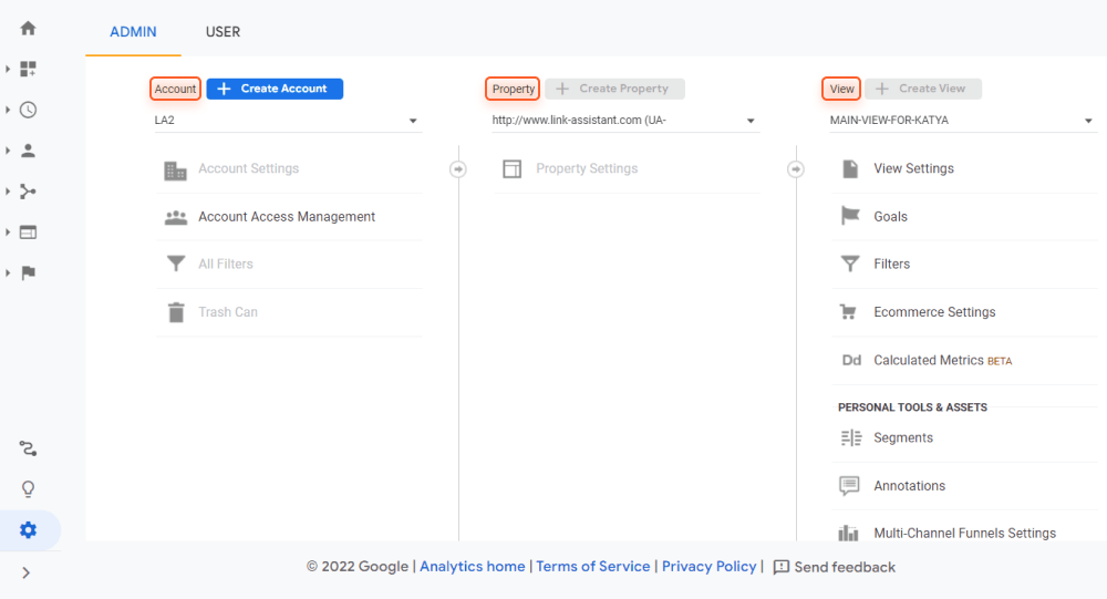 Admin Settings in Universal Analytics showing Account, Property, and View levels