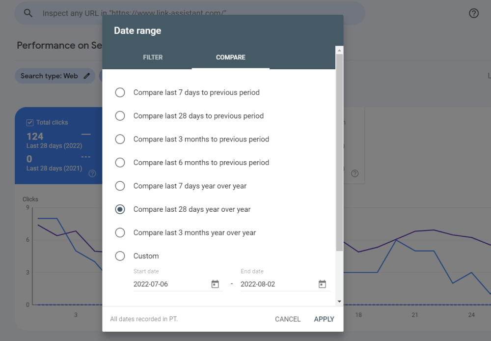 Add a comparison period to check impressions in Search Console