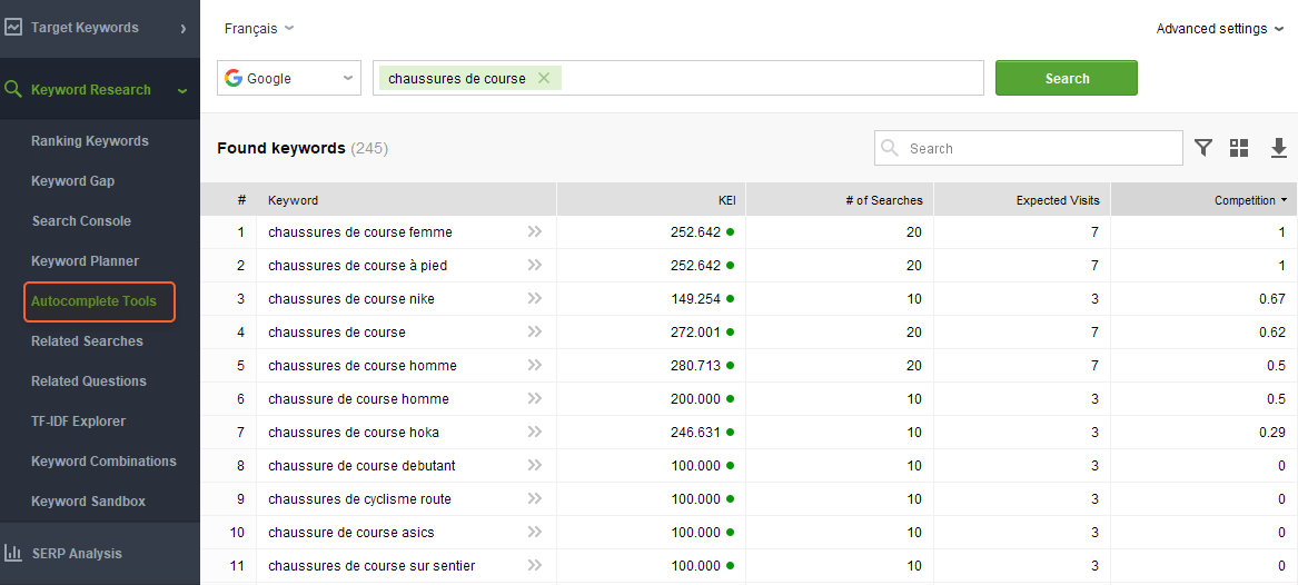 Autocomplete Tools module of rank tracker