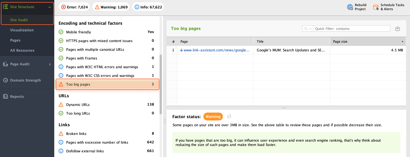 Checking too big pages in WebSite Auditor