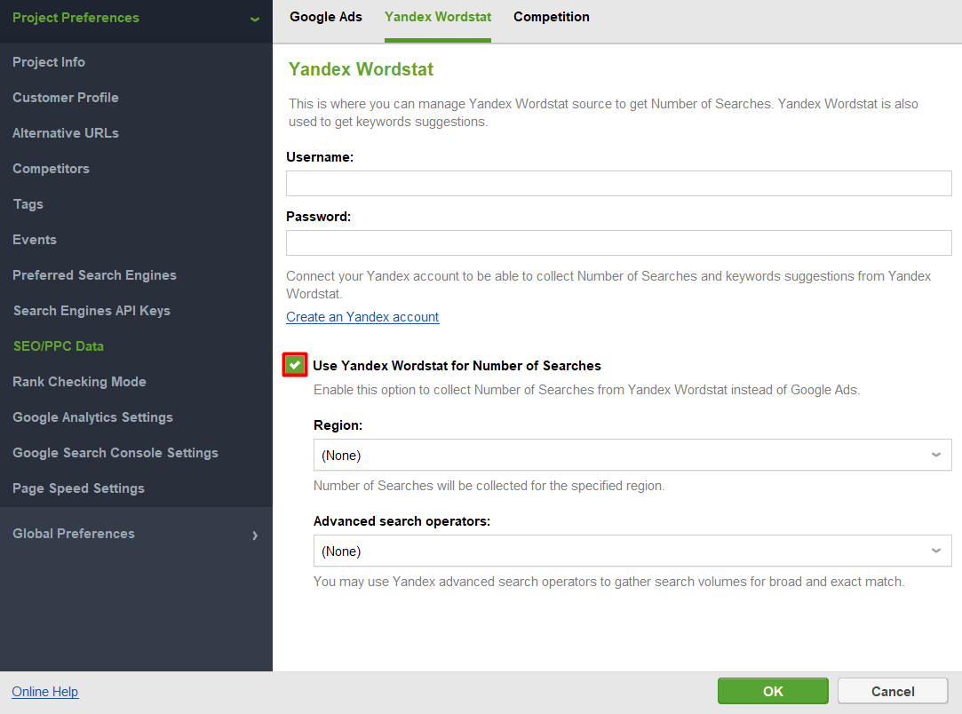 setting up Yandex as a source for the number of searches column