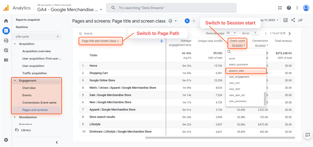Getting all pages in Google Analytics 4