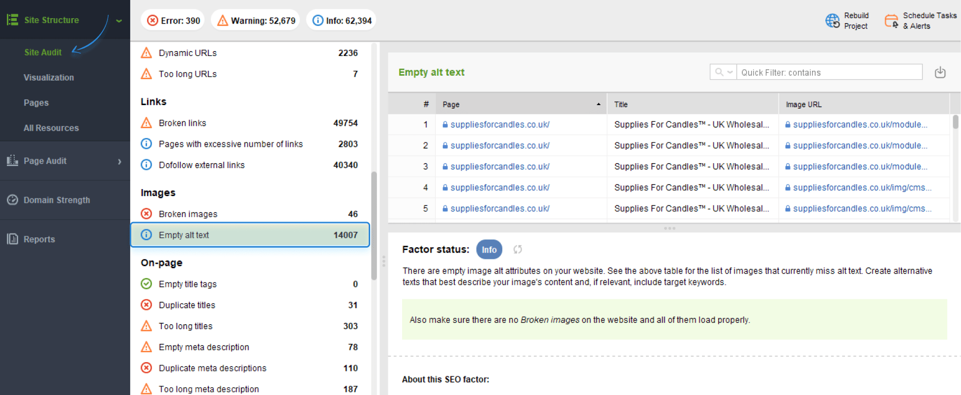 checking out alt text in WebSite Auditor