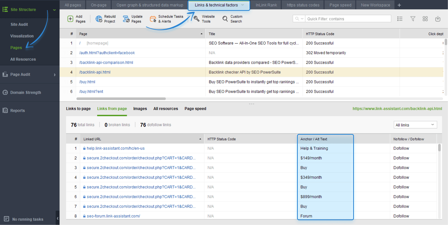 che4cking anchor text in WebSite Auditor
