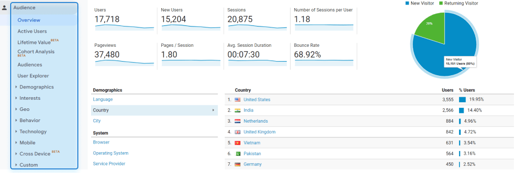 Audience report in Google Analytics
