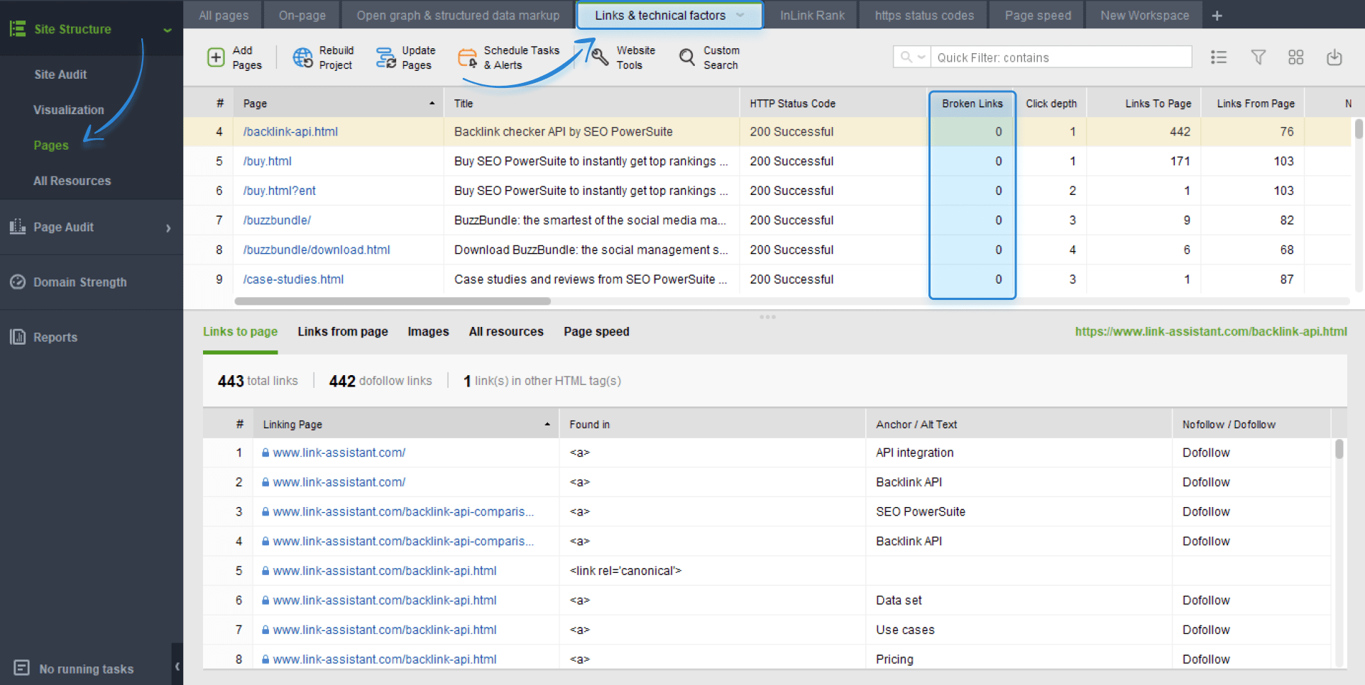 finding broken liks in WebSite Auditor