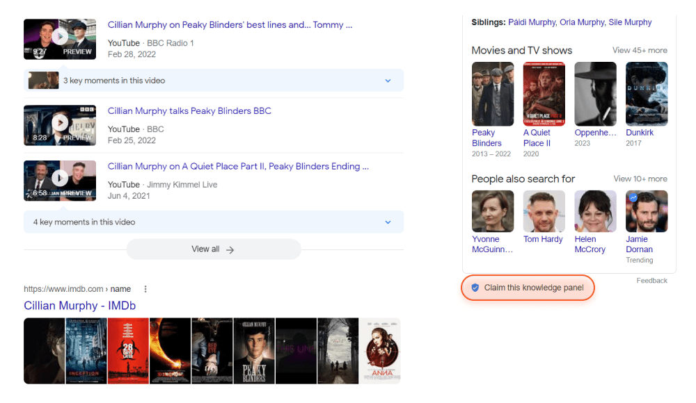 The button to claim a knowledge panel is situated at the bottom
