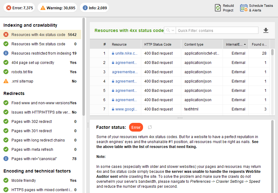 WebSite Auditor site audit