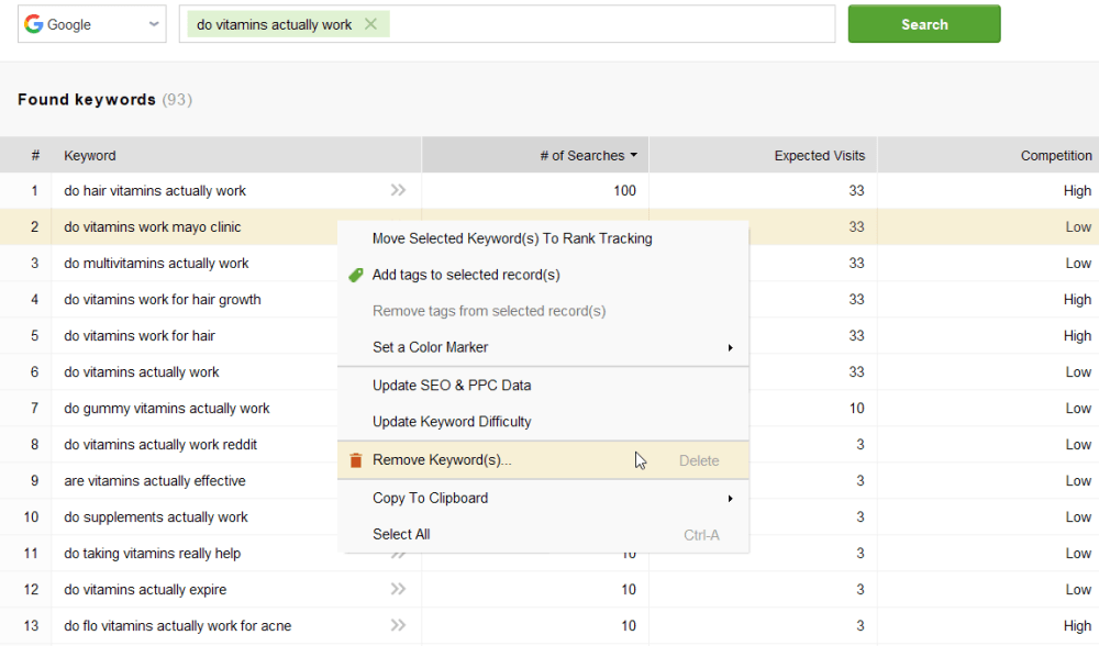 deleting keywords in Rank Tracker