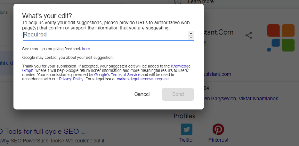 Explain in the pop-up menu what you'd like to edit in the existing knowledge panel