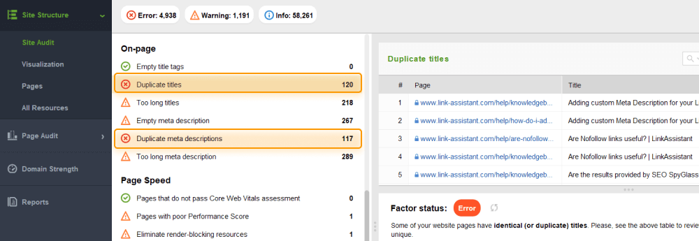 Check duplicate issues in the On-page section of the Site Audit module