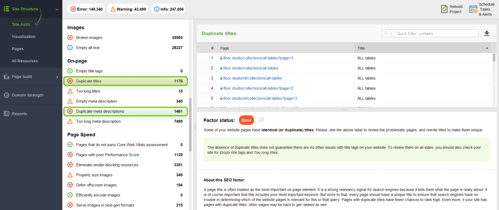 finding duplicates in WebSite Auditor