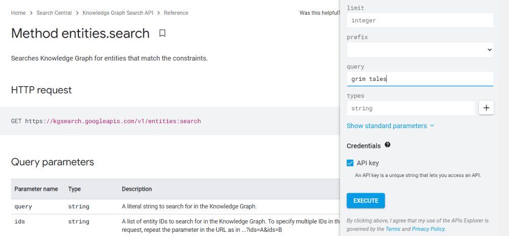 Demo to search for entities in Google Knowledge Graph API