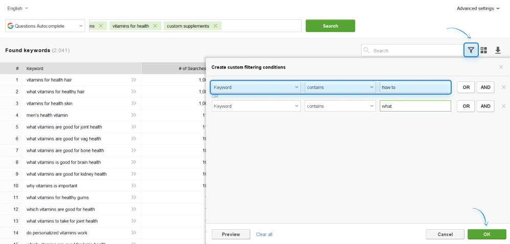 applying filters to the list of keywords