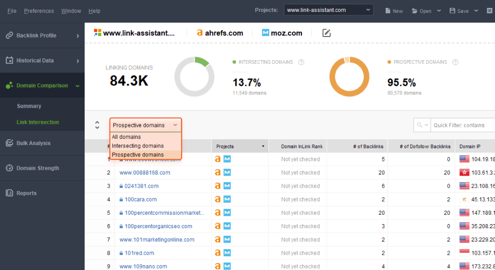 Quick filters show the prospective domains who link to all your competitors