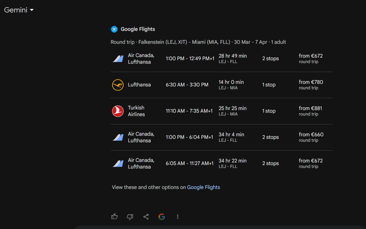 Google flights used in Gemini chatbot