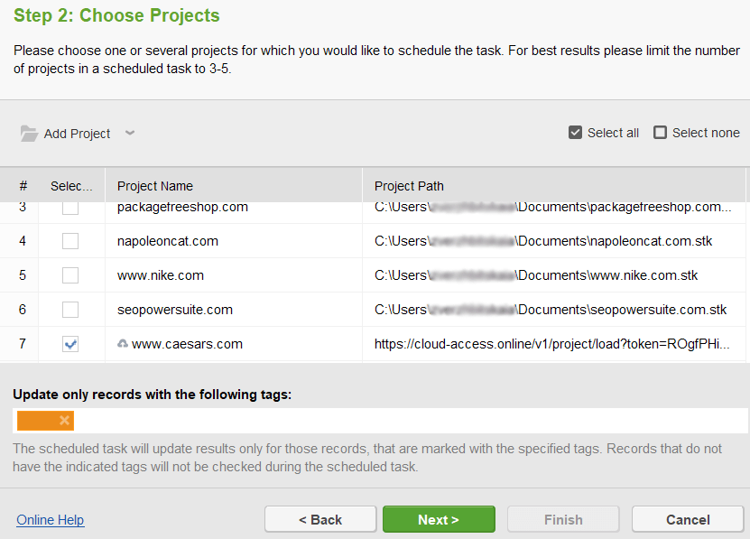 choose a project to set up a task for