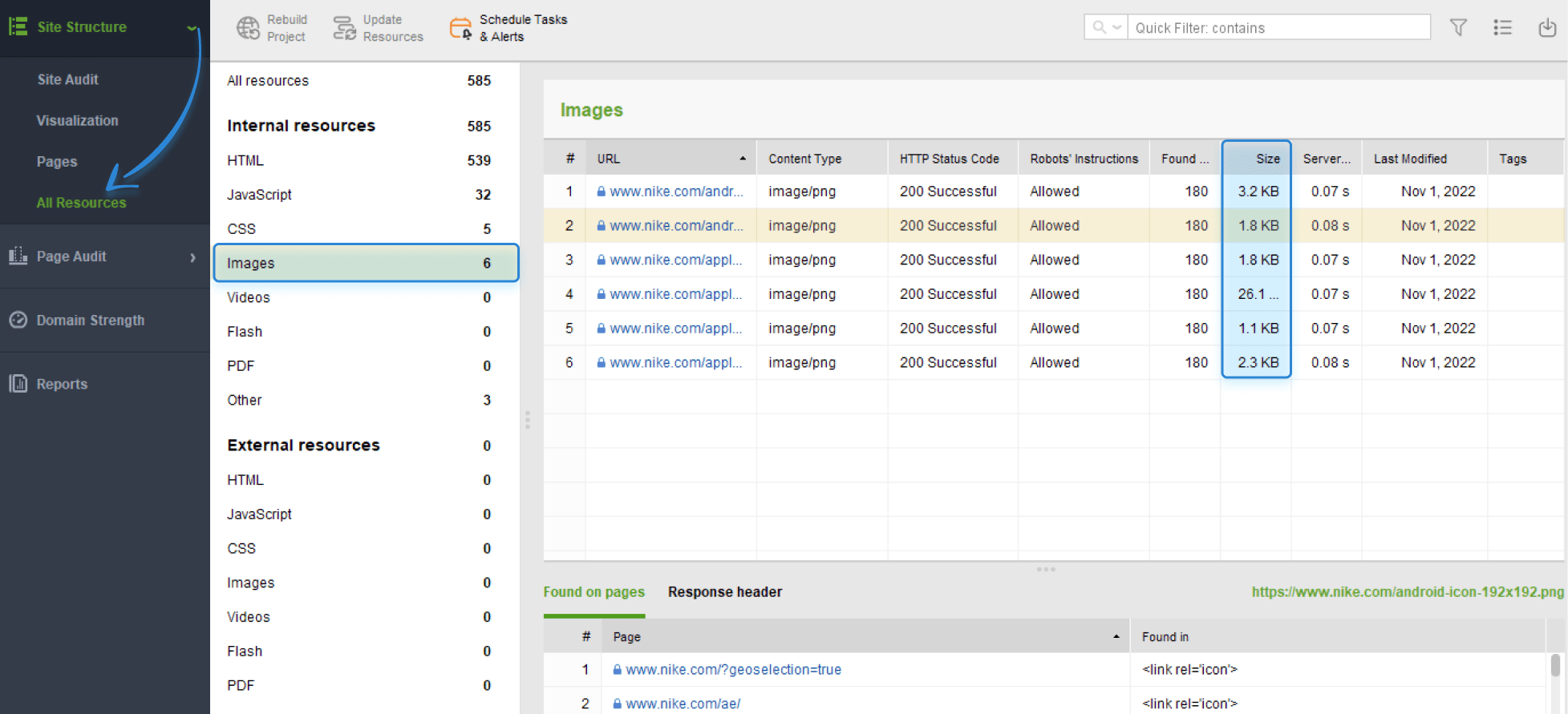 image size in WebSite Auditor
