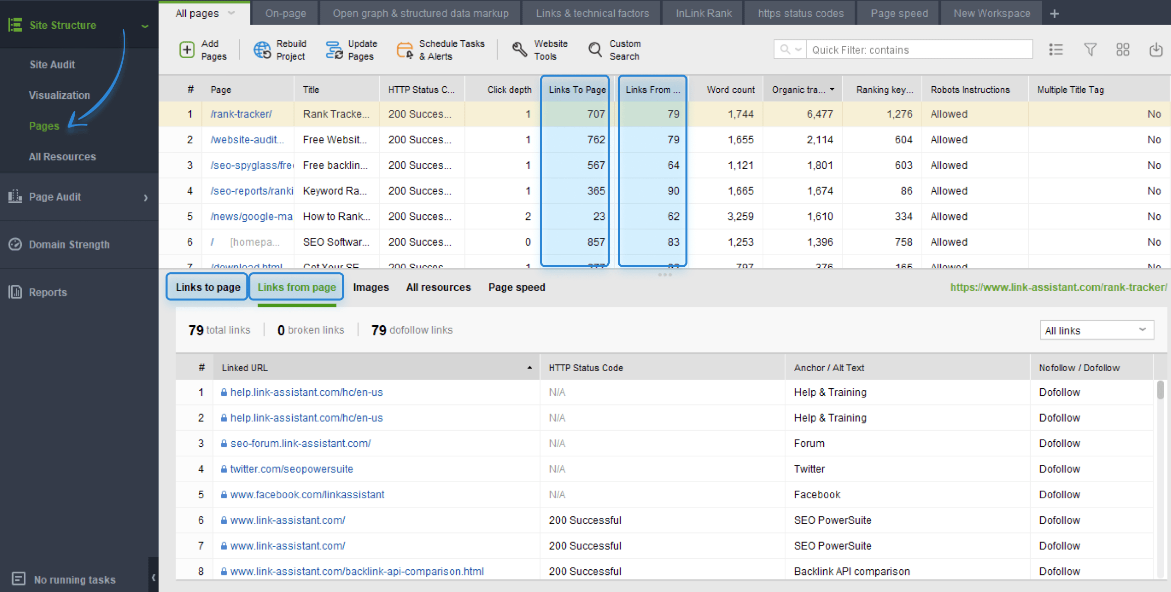 checking internal linking in WebSite Auditor