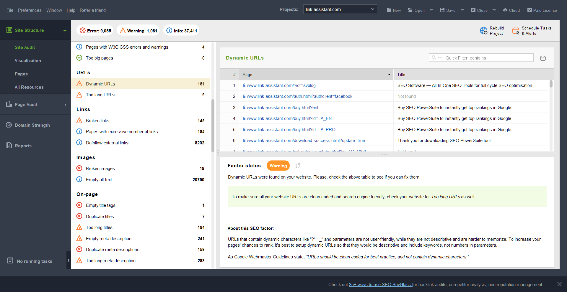 Spotting dynamic URLs in WebSite Auditor