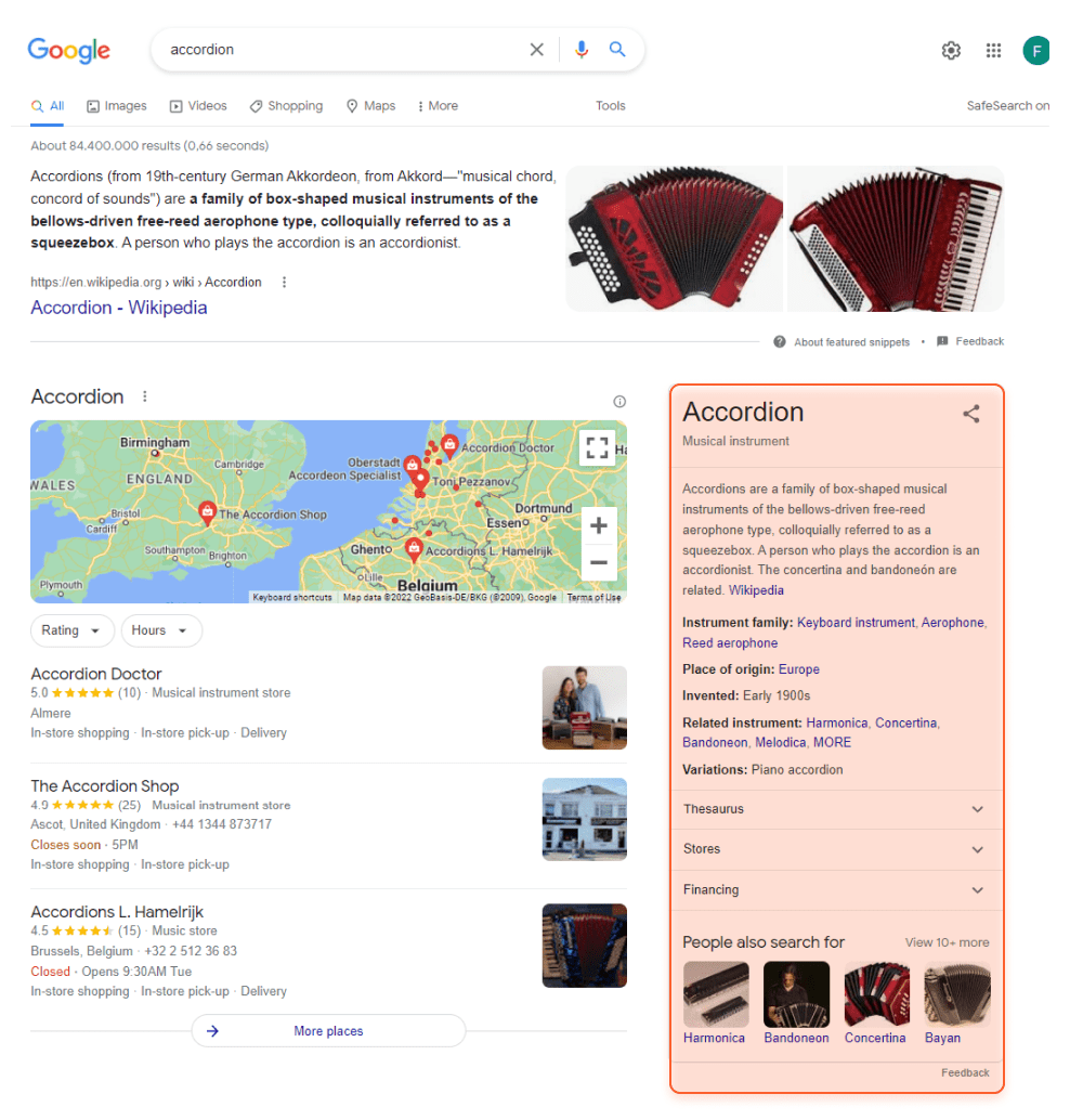 Knowledge pannel appears in the right rail in the SERP