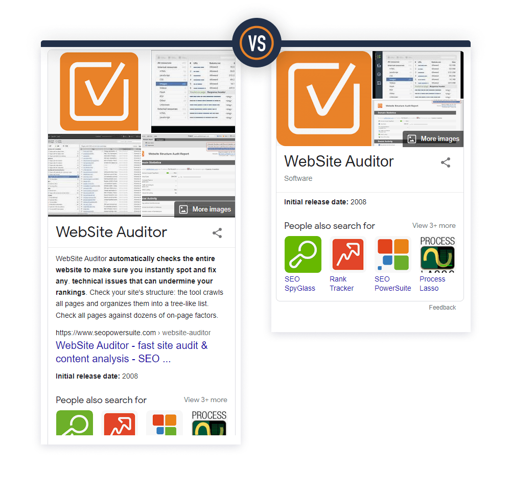 After the redirect, the knowledge panel for WebSIte auditor lost breadcrumbs, link to official website, and description