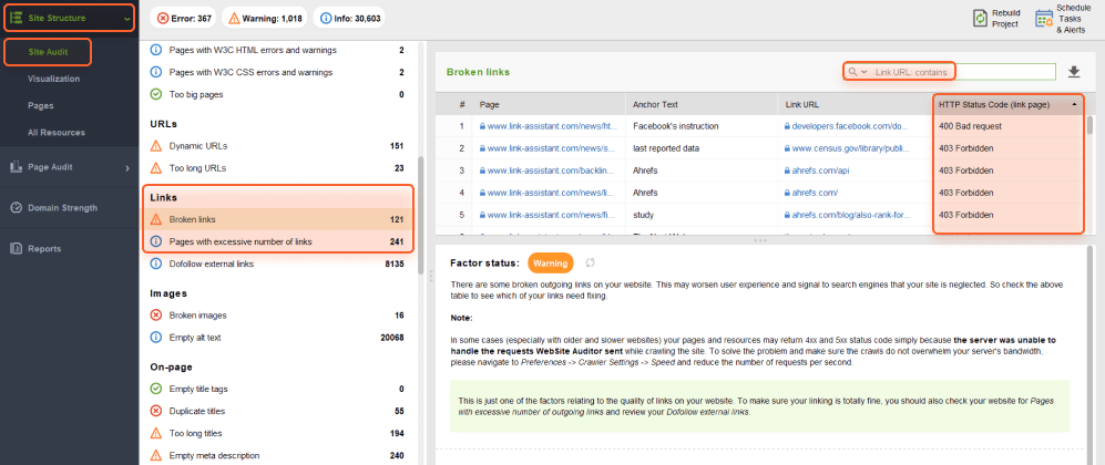 Auditing internal links