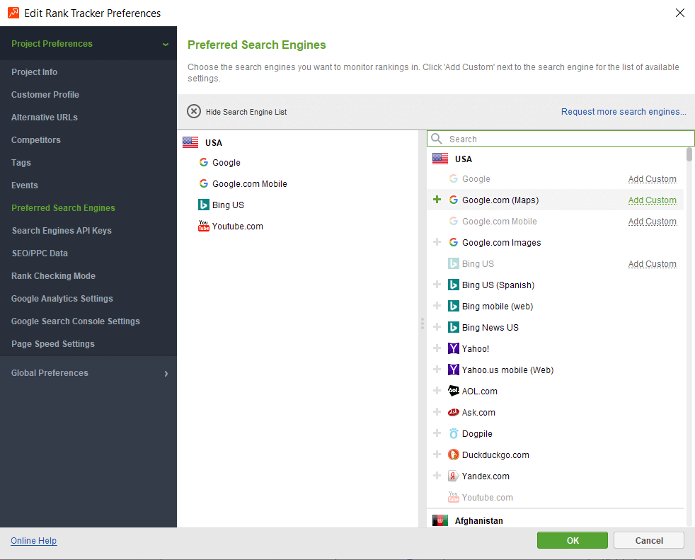 Localized search engines in Rank Tracker