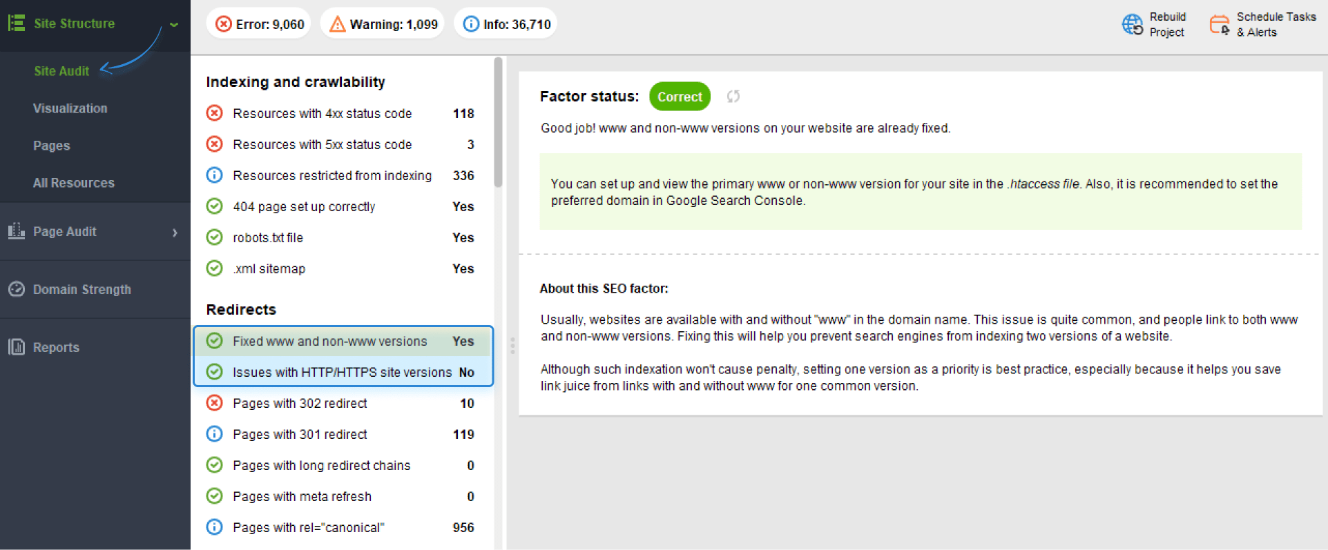 spotting multiple versions of a website in WebSite Auditor