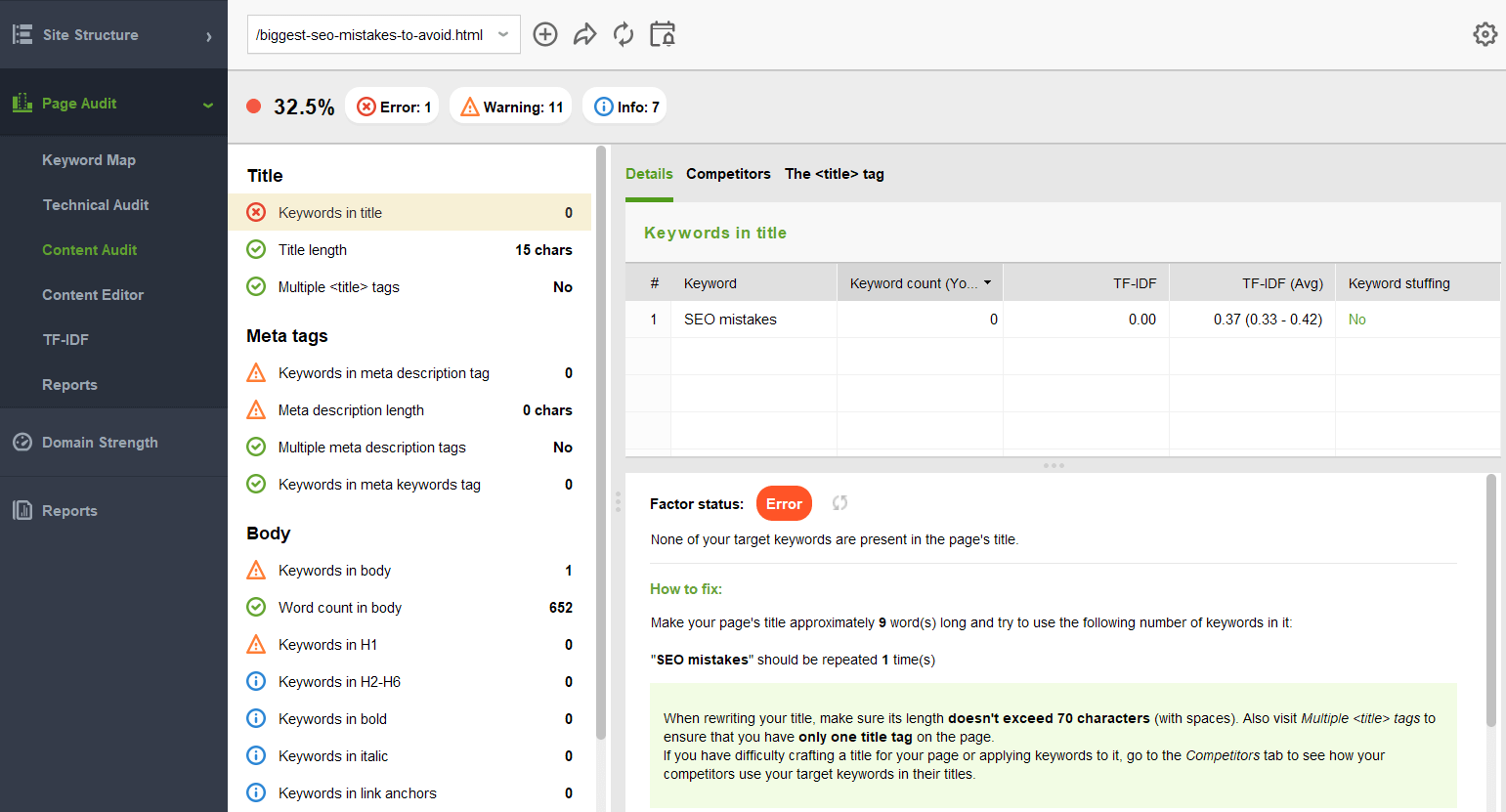 On-page SEO errors are displayed in the Page Audit module