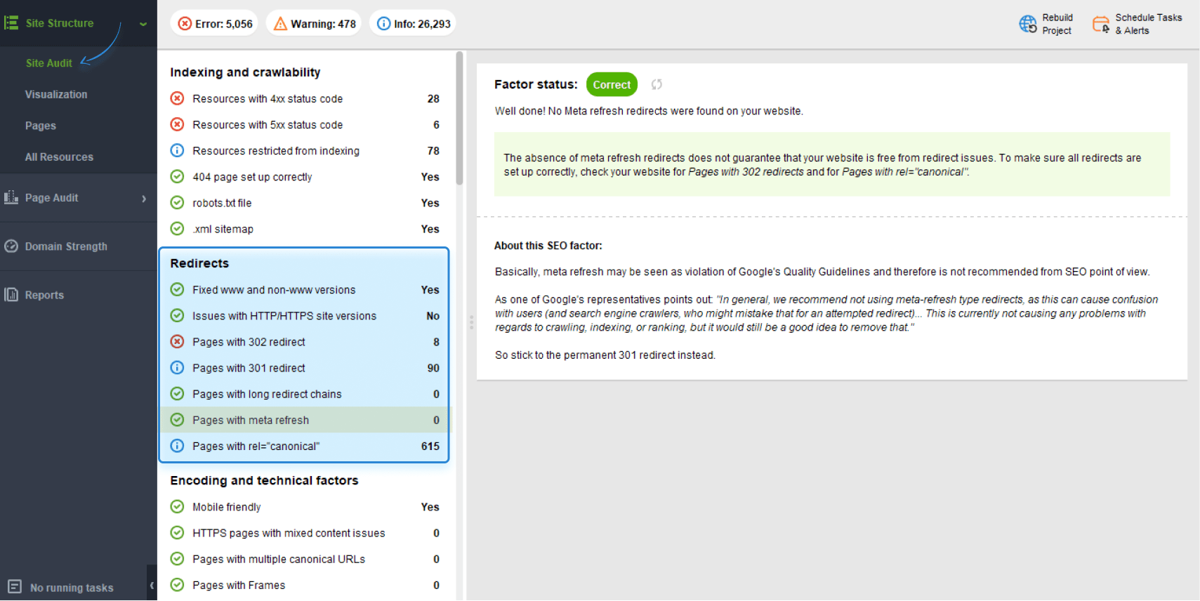 auditing redirects in WebSite Auditor