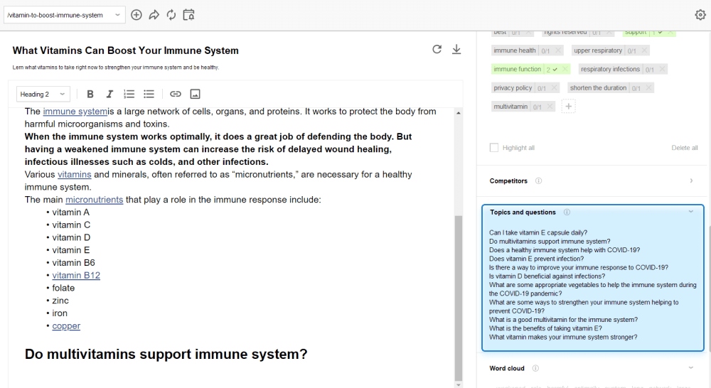 recommended topics and questions in Content Editor