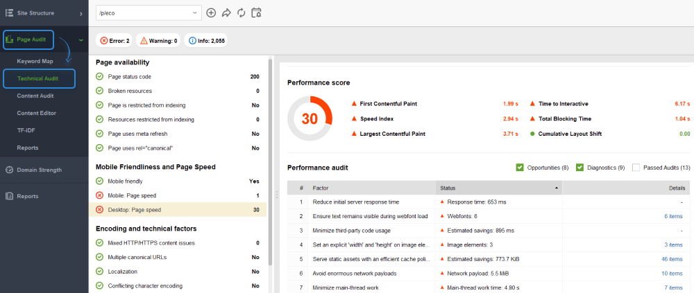 technical audit in WebSite Auditor