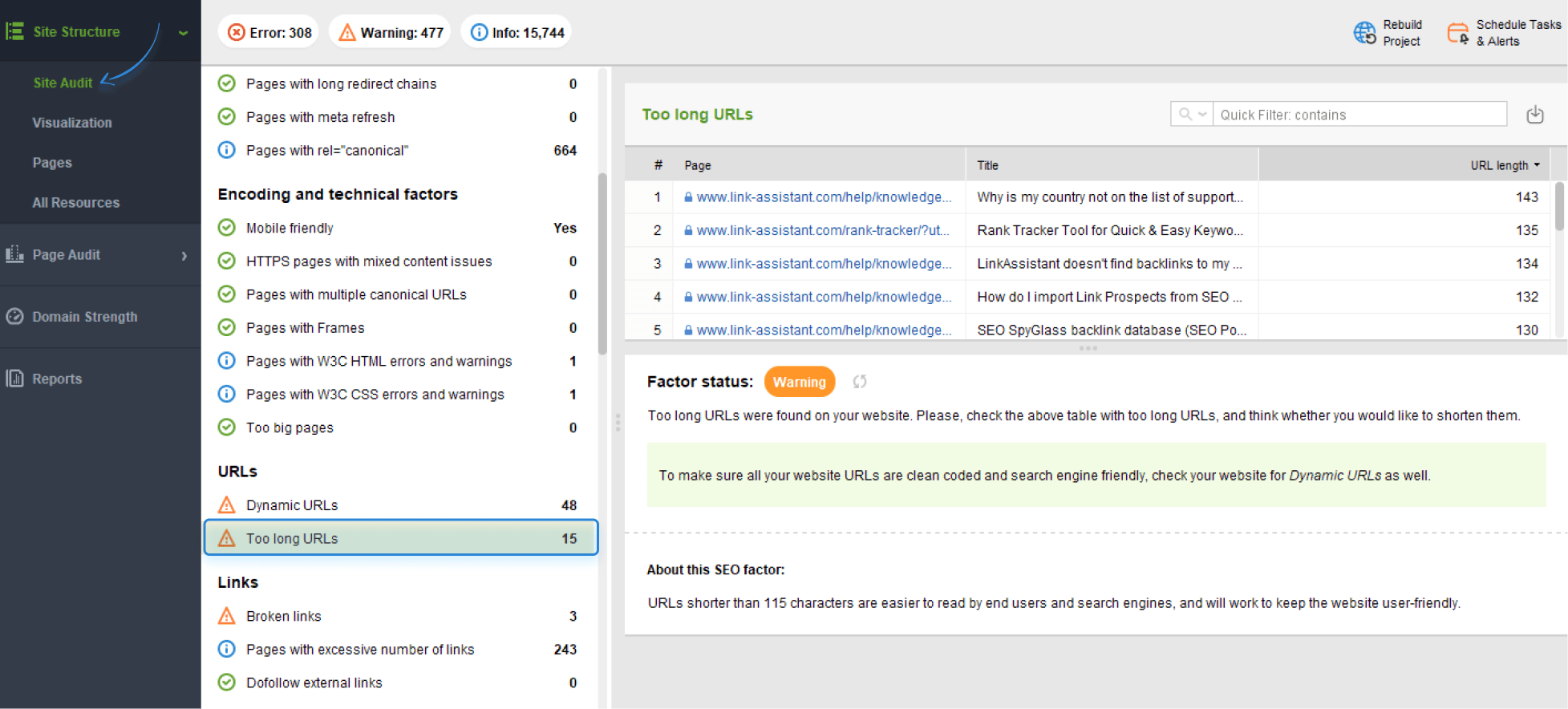 finding too long URLs in WebSite Auditor