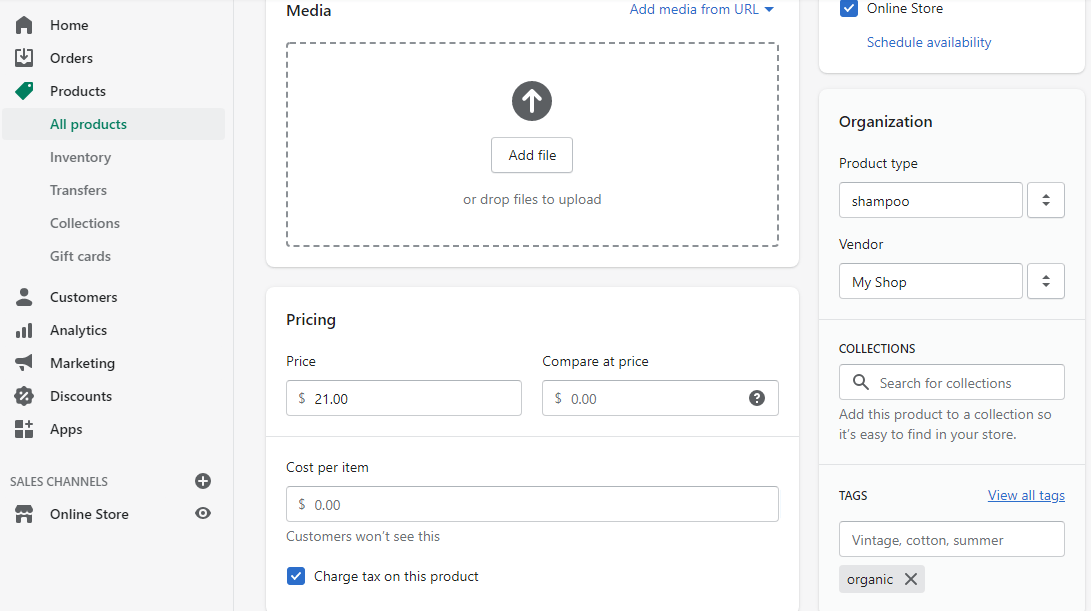 shopify product settings