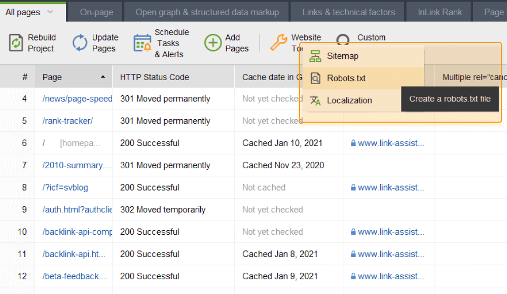 Website tools in WebSite Auditor let you quickly generate sitemap, robots.txt, and hreflang sitemap