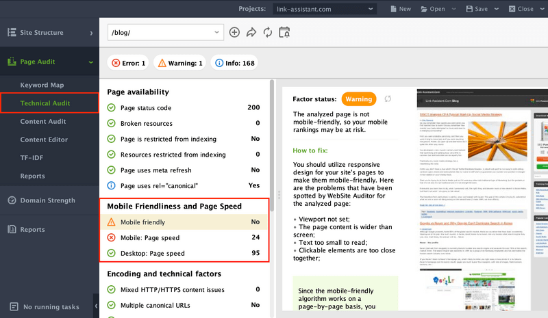 Mobile Frindliness Test in WebSite Auditor